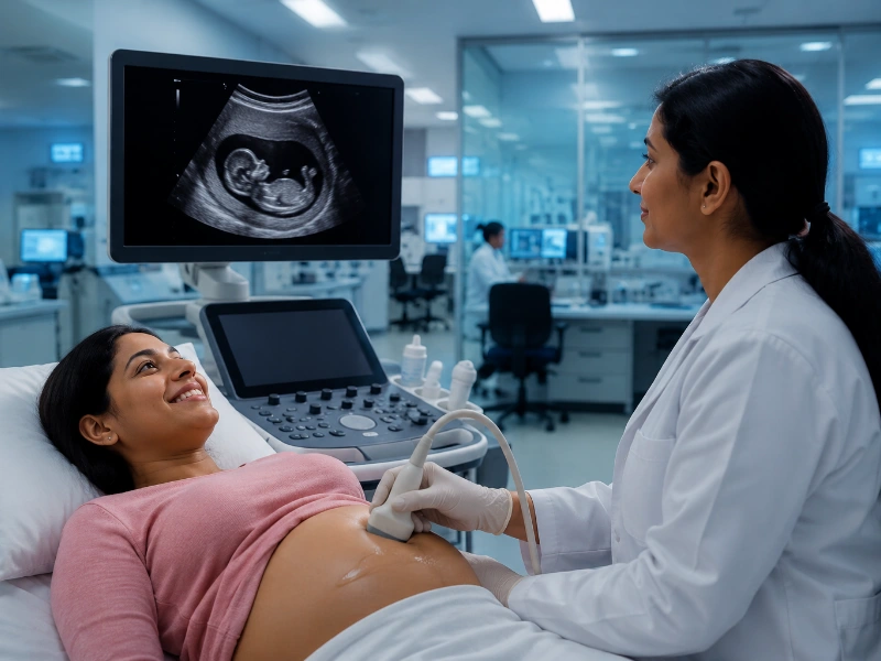 Advanced high-resolution early pregnancy ultrasound machine performing a precision pregnancy dating scan to confirm embryo heartbeat and calculate exact gestational age